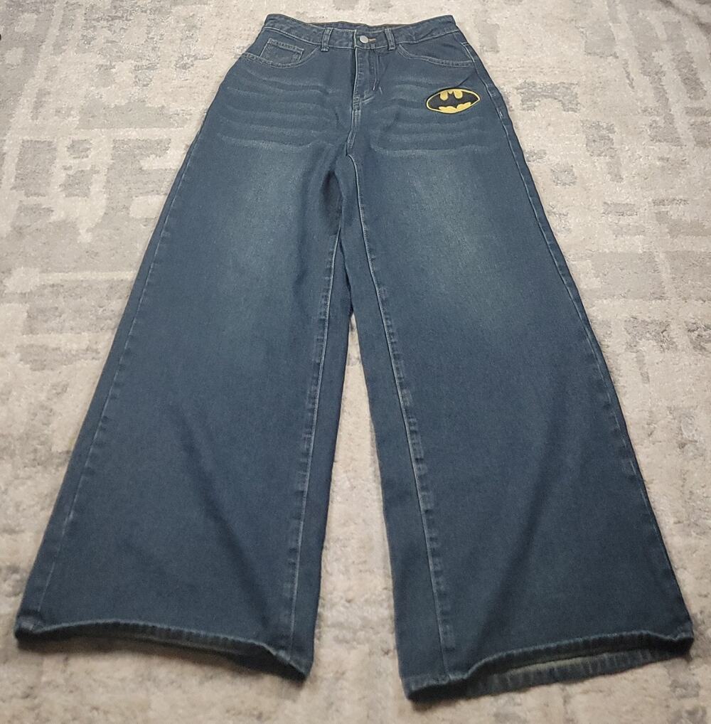 ROMWE Women's Embroidered Batman Baggy Big BARREL Denim Jeans 1Sz 4 29x28.5